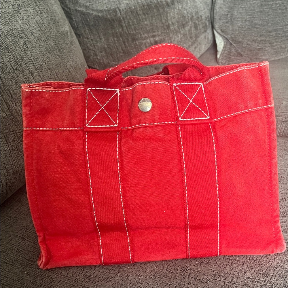 Hermes Paris Red Canvas Tote Bag